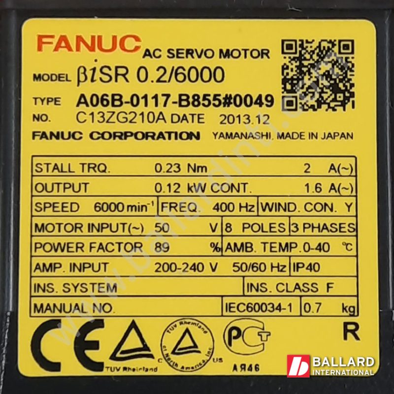 FANUC A06B-0117-B855#0049 BiSR 0.2/6000 Servo Motor